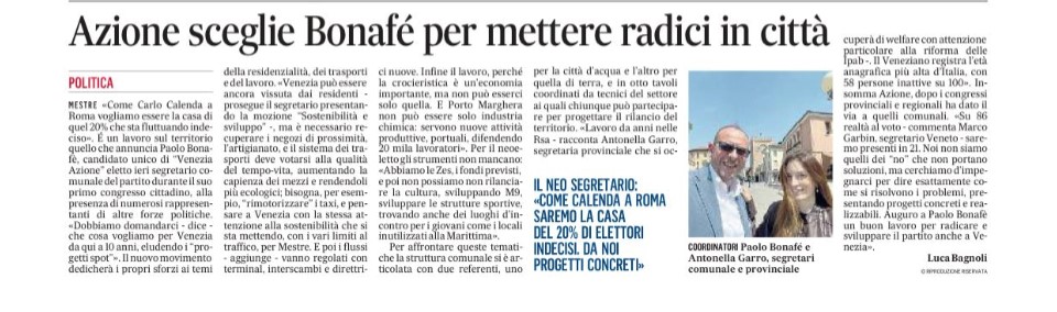 Articolo Gazzettino su Congresso comunale Azione Venezia