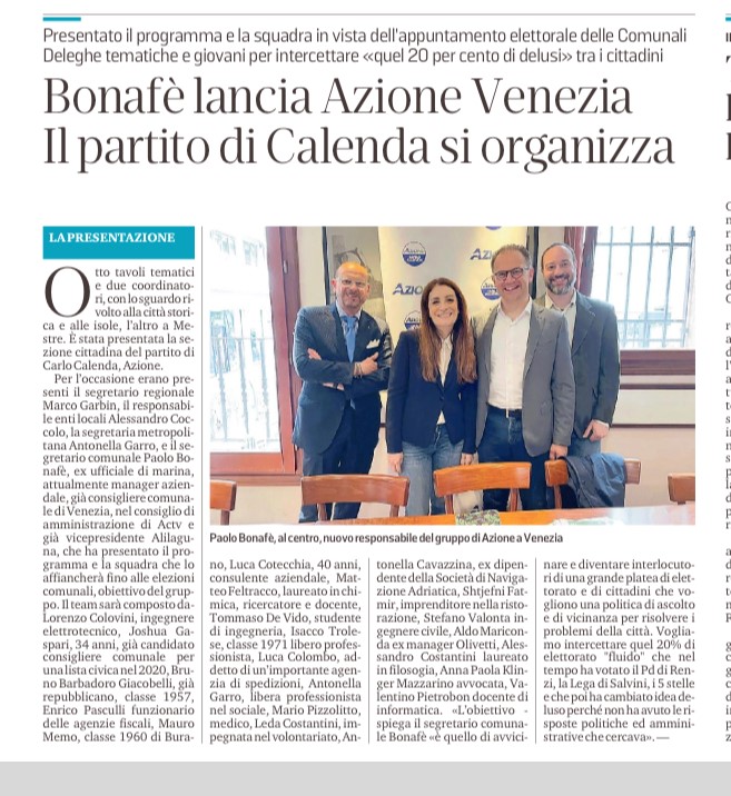 2022-05-10 La Nuova Venezia Bonafè lancia Azione Venezia