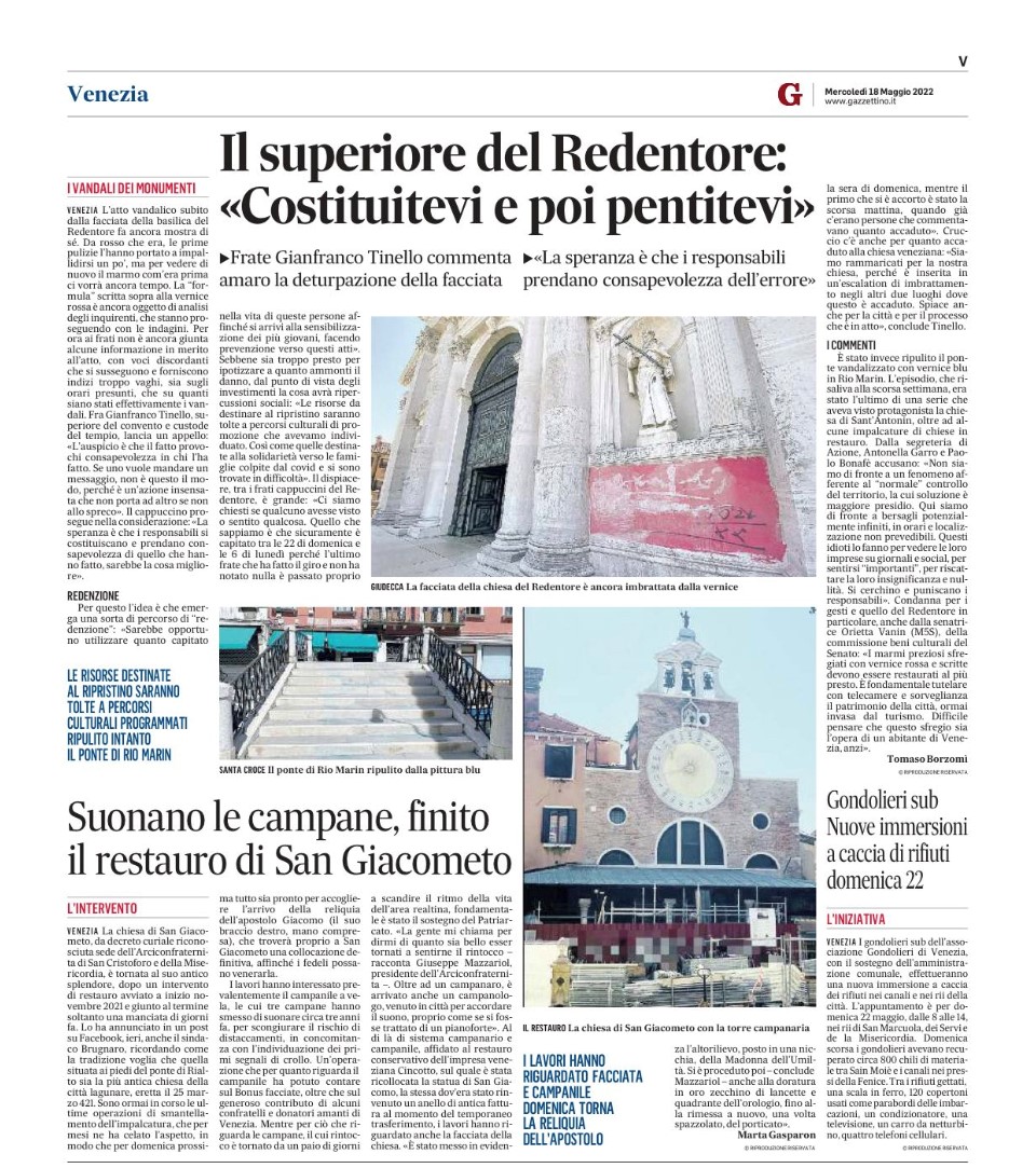 Gazzettino Azione è contro gli imbrattamenti della chiesa del redentore e di Sant Antonin