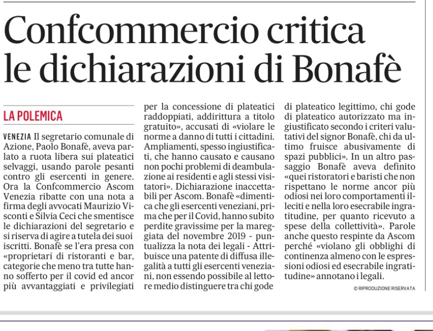 2022-06-08 Gazzettino - Confcommercio critica le dichiarazioni di Bonafè