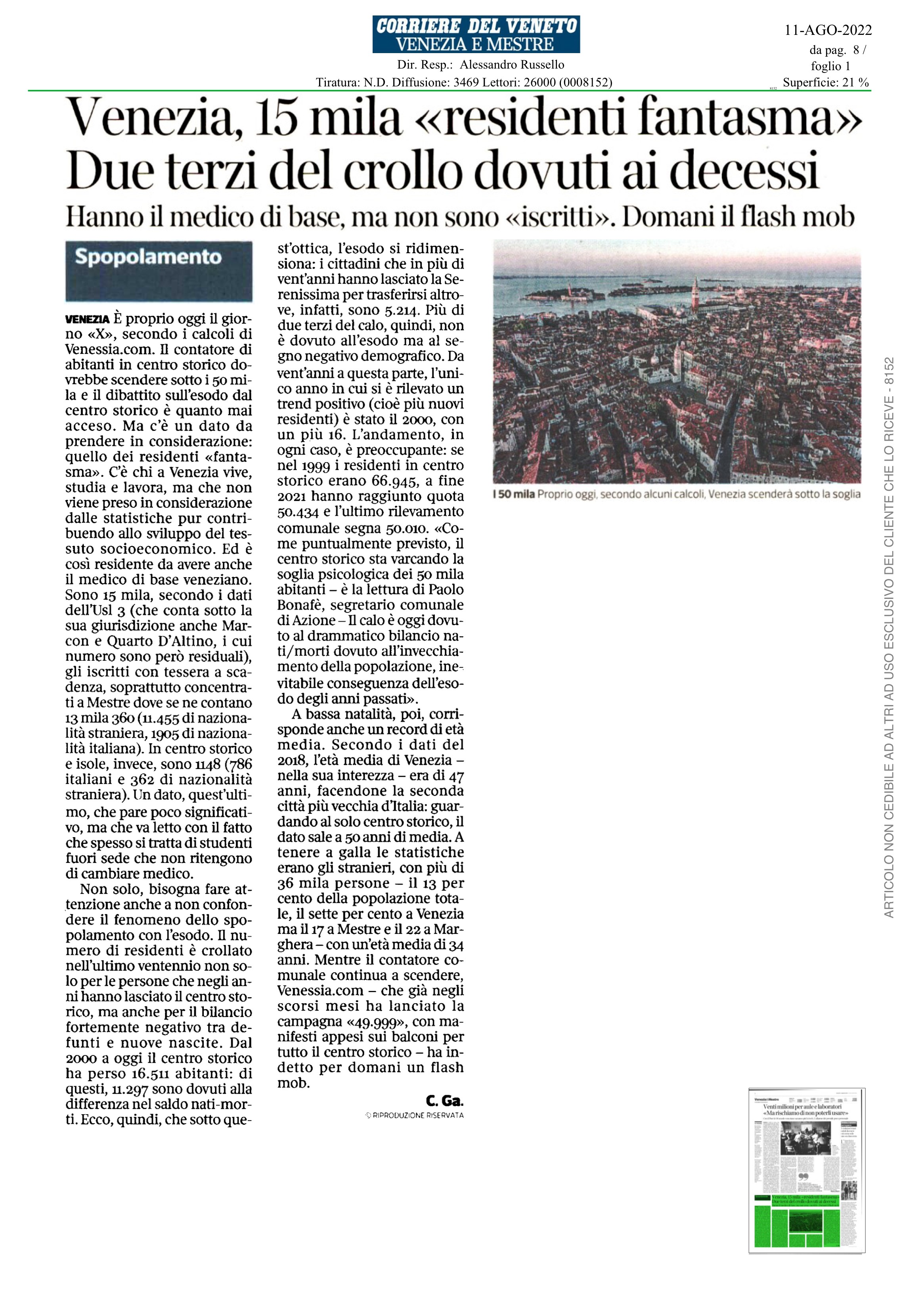 2022-08-11 Corriere Veneto - problema spopolamento Venezia
