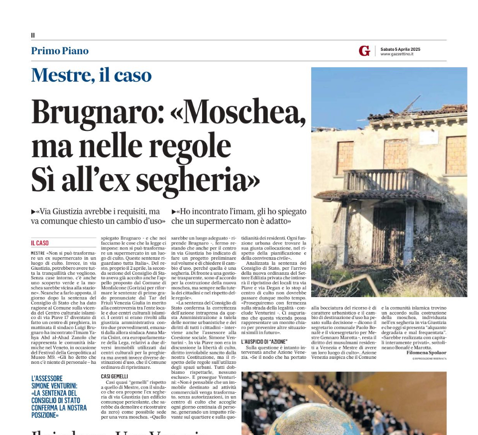Proposta di Azione di aprire la moschea in Via Giustizia a Mestre nelle Ex segheria
