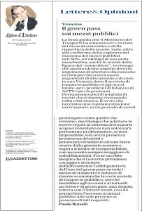Gazzettino - 2021-08-26 Lettera su green pass